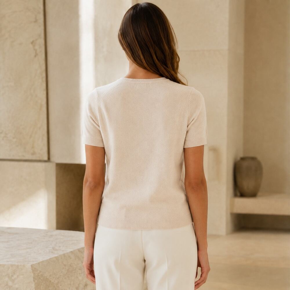 Heritage Preppy C by Bloomingdale’s 100% Cashmere Short Sleeve Sweater XS Beige - Picture 3 of 13